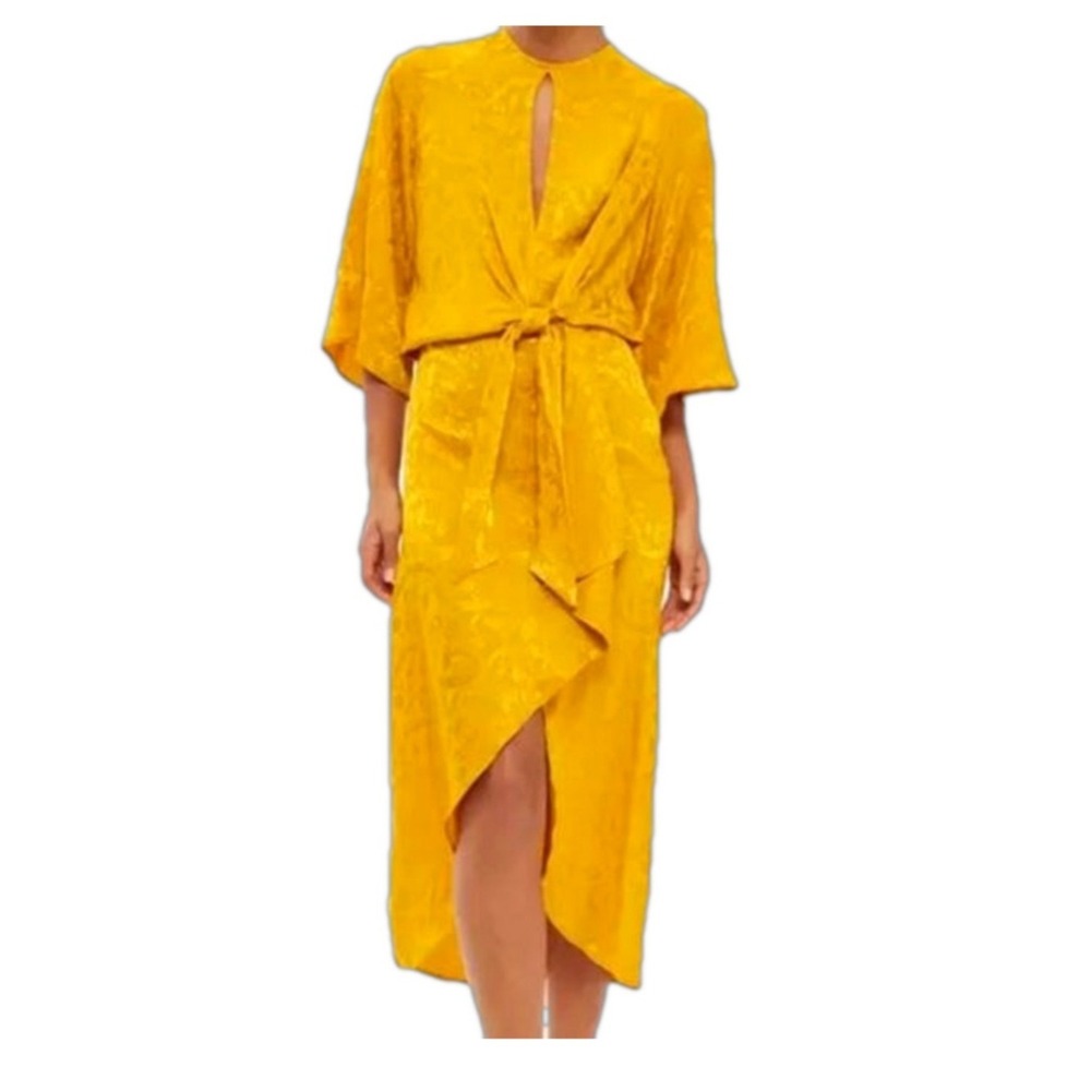 TOPSHOP Size 10 Seen on TV Yellow Jacquard Knot Faux Wrap Front Keyhole Dress